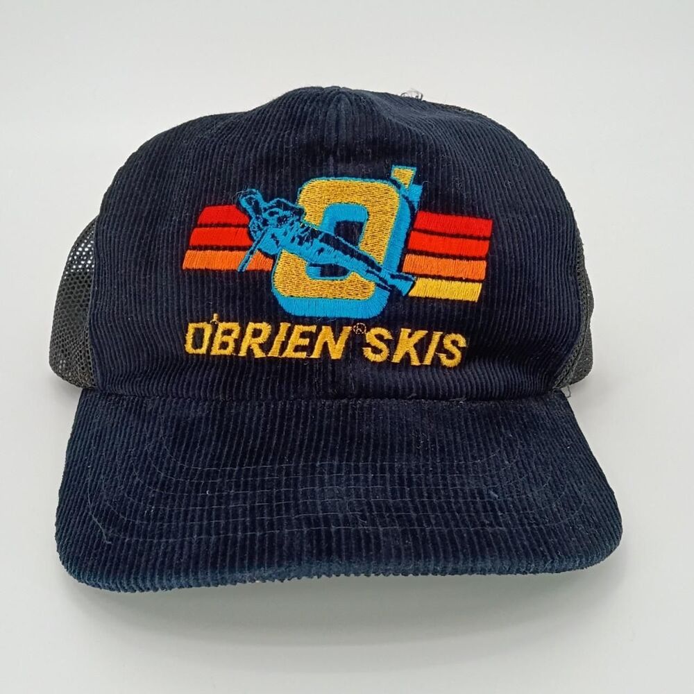 Vintage 70s O'Brien Skis Embroidered Corduroy Trucker Cap Navy Colorful